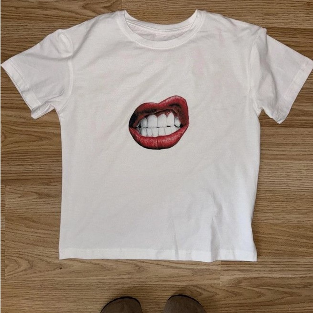 White Graphic Tee with Red Lips Design